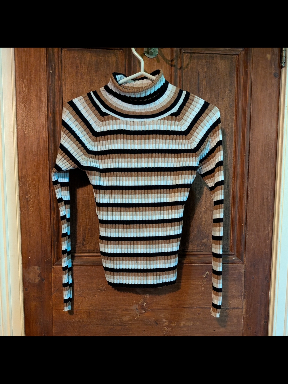 Striped Ribbed Turtleneck Sweater - Black, White & Tan